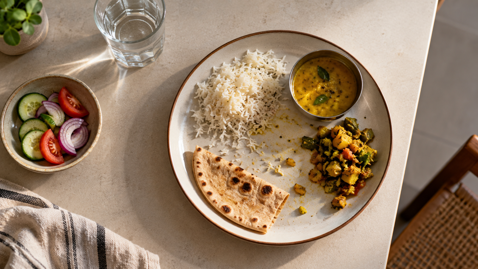 A simple home-cooked meal on a plate, mostly untouched, viewed from above on a dining table