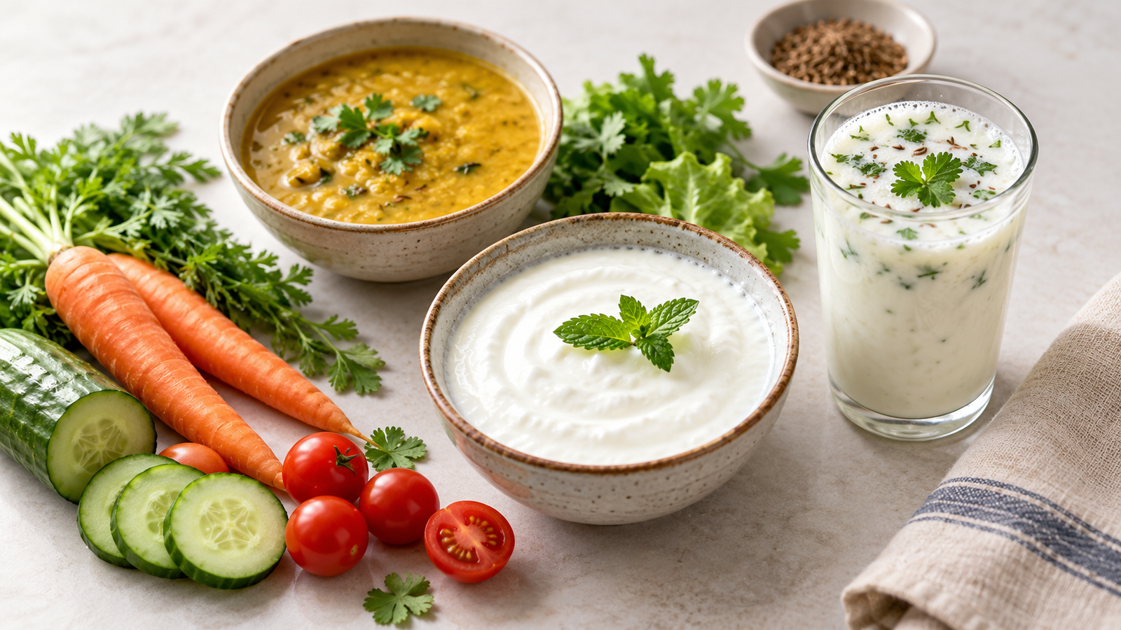 A bowl of curd, a glass of buttermilk, and fresh vegetables and dal on a light neutral surface