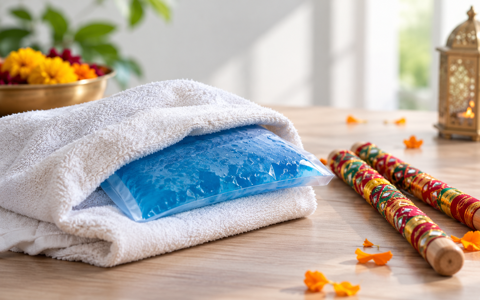 Ice pack wrapped in a towel beside a pair of dandiya sticks