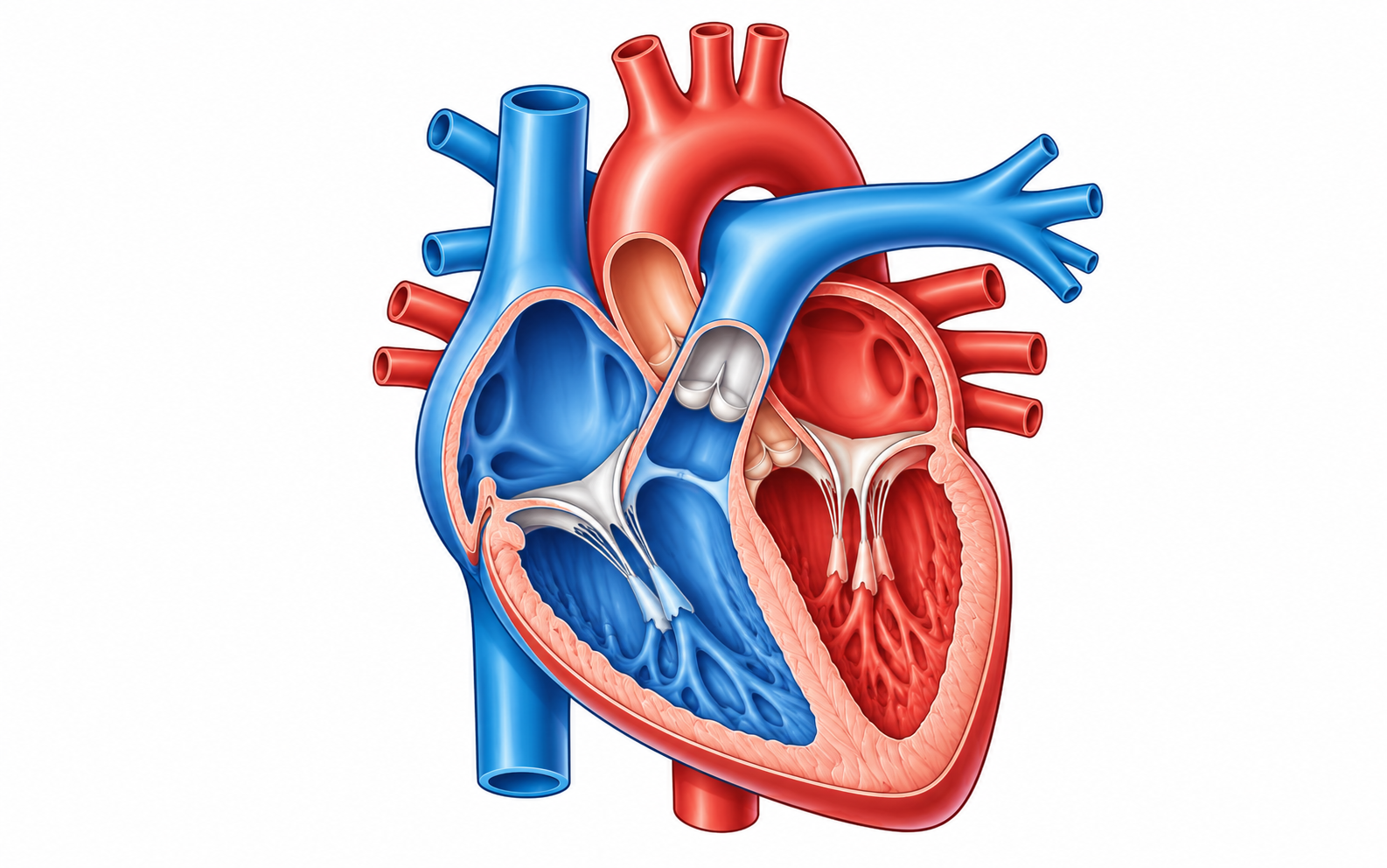 Simple labelled illustration of the heart showing its four chambers and valves