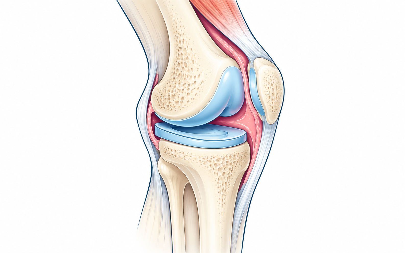 Illustration of the knee joint showing bones, cartilage and the joint lining