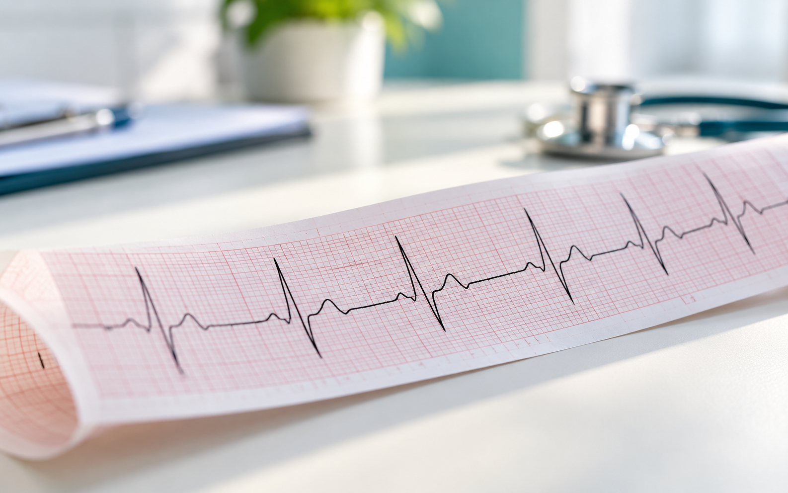 Close-up of a printed ECG trace on grid paper