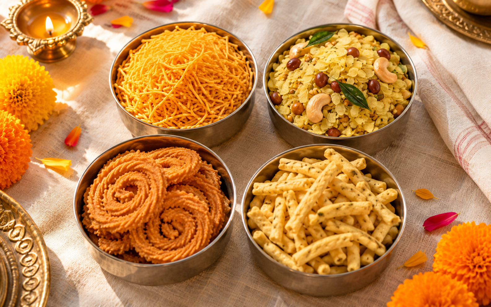 Bowls of Diwali namkeen: sev, chivda, chakri and gathiya