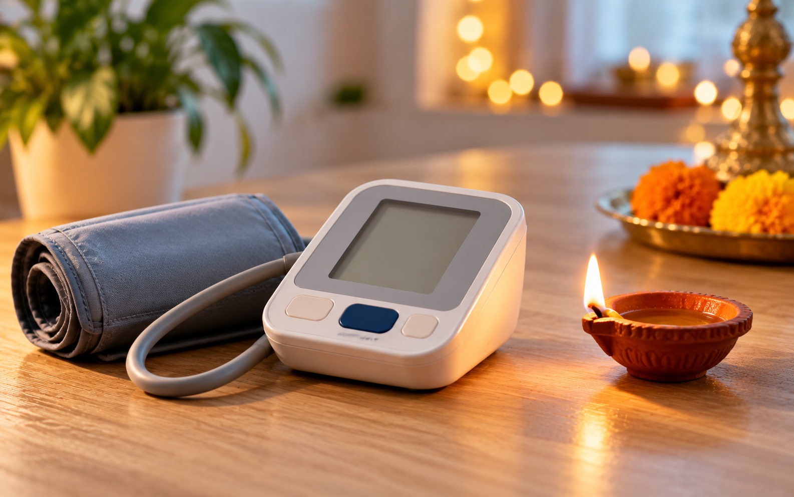 Digital home blood pressure monitor beside a lit clay diya