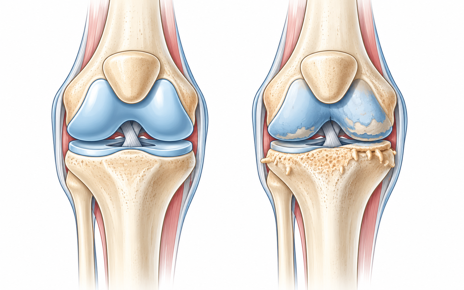 Illustration comparing a healthy knee joint with a knee affected by osteoarthritis