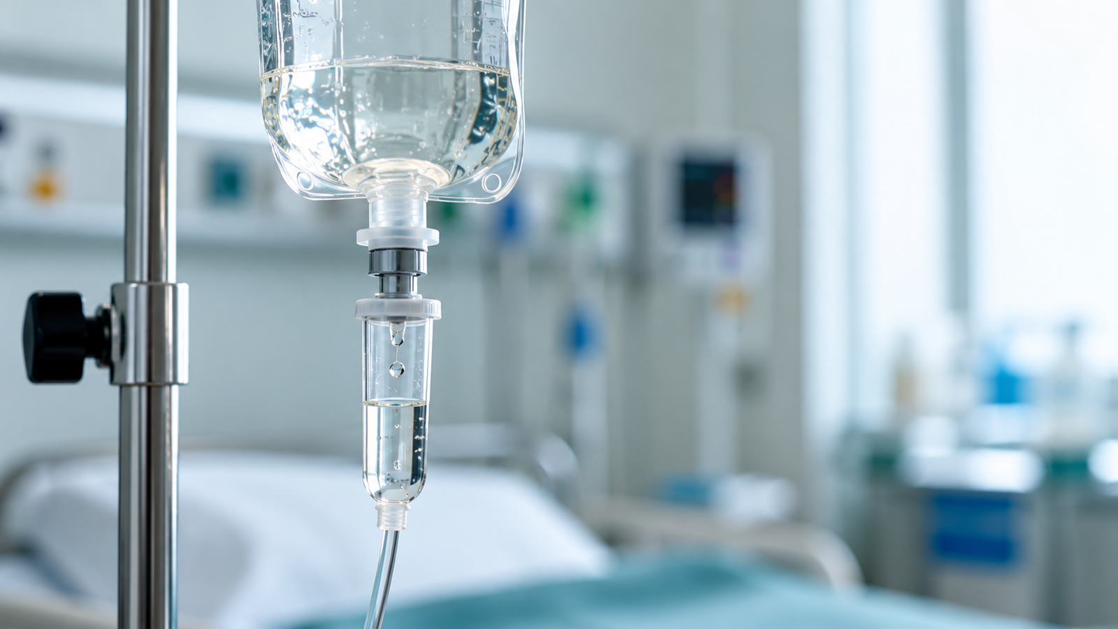 Close-up of a clear IV fluid bag and drip chamber hanging on a stand in a clean clinical setting