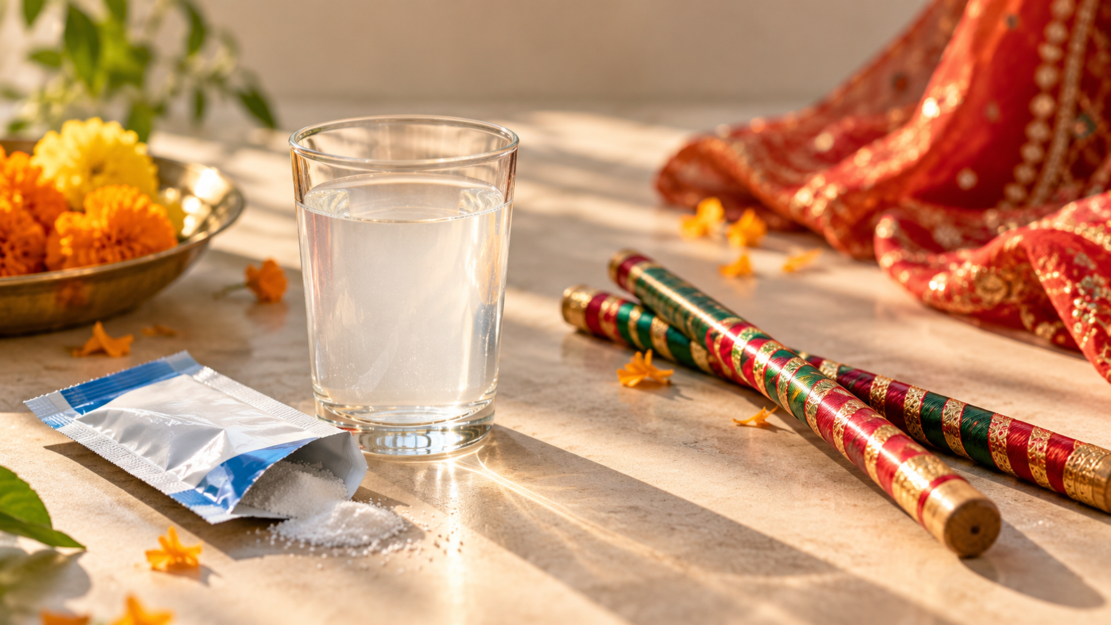 ORS packet, a glass of water, and dandiya sticks arranged as a healthy Garba-night prep still life