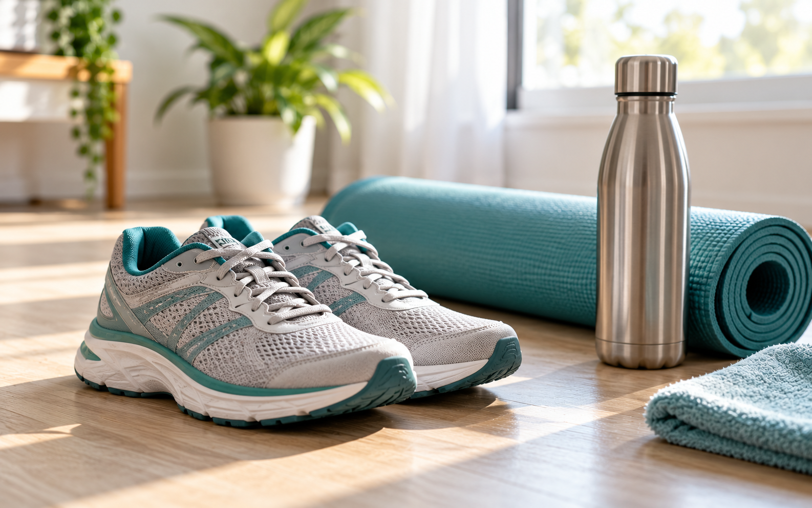 Walking shoes, a rolled exercise mat and a water bottle