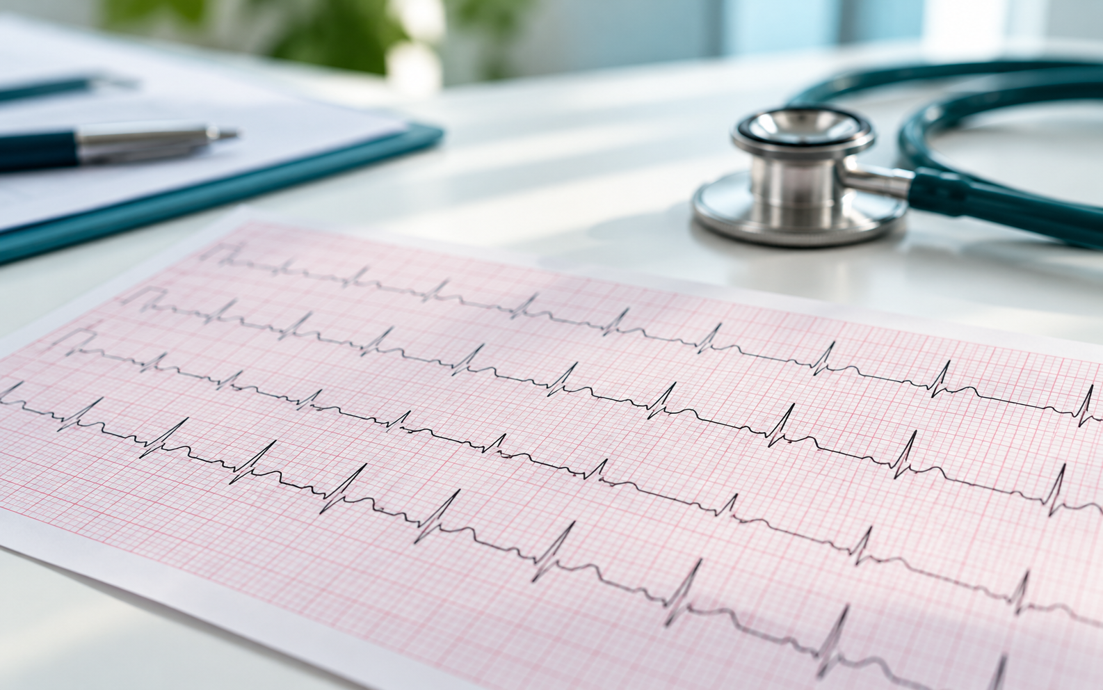 Close-up of a printed ECG trace on pink grid paper