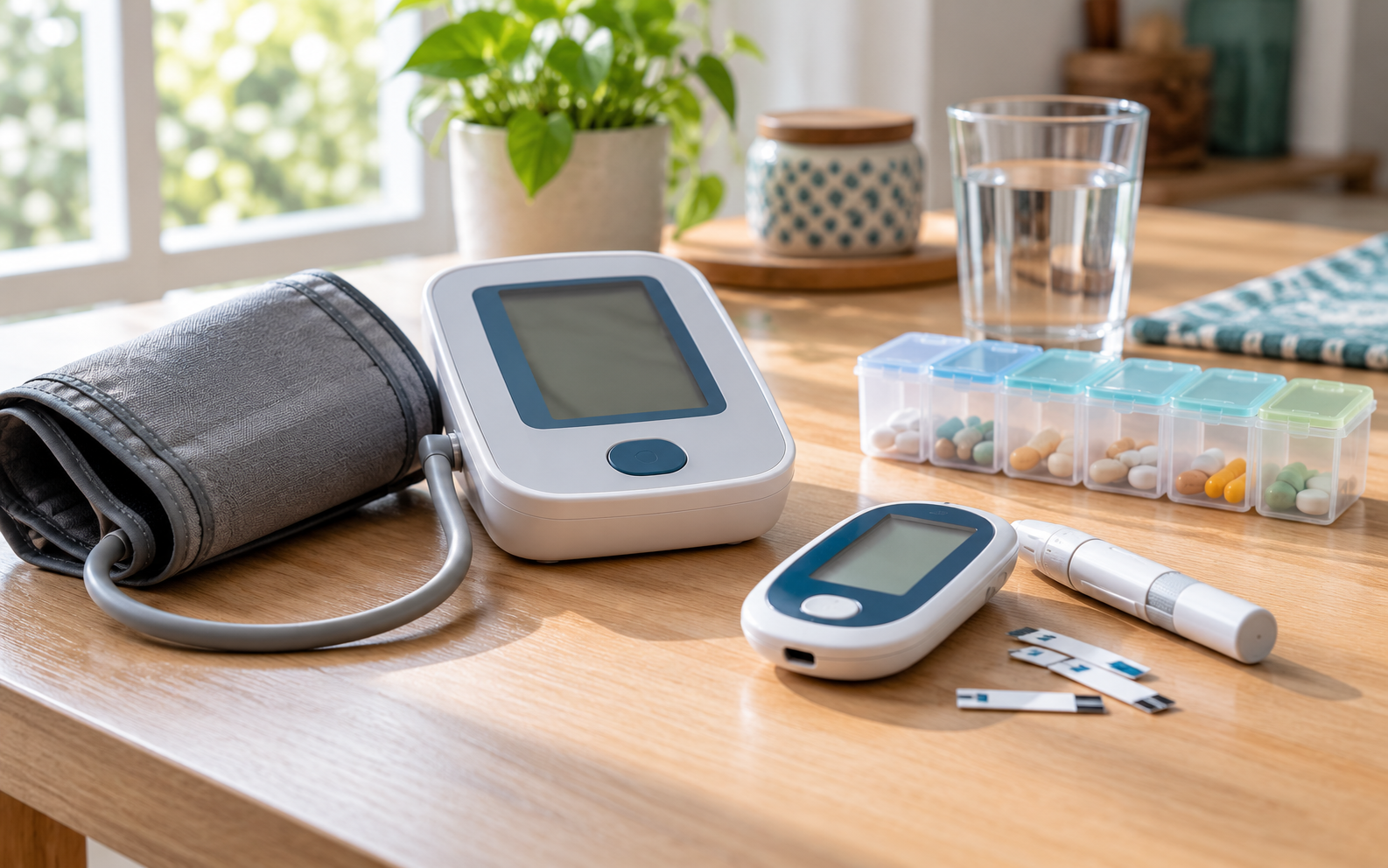 Home blood pressure monitor, glucometer and a weekly pill organiser on a table