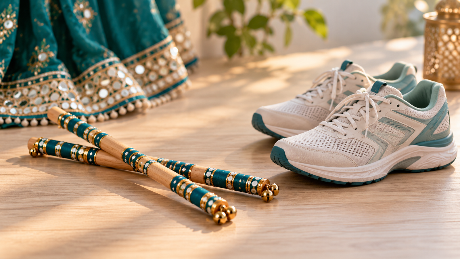 Pair of dandiya sticks beside supportive sports shoes on a light surface