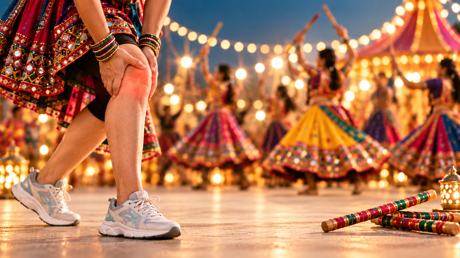 Pair of dandiya sticks beside supportive sports shoes on a light surface