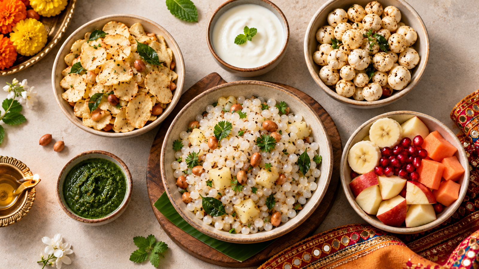 Common Navratri farali foods: sabudana khichdi, farali chivda, roasted makhana and fresh fruit