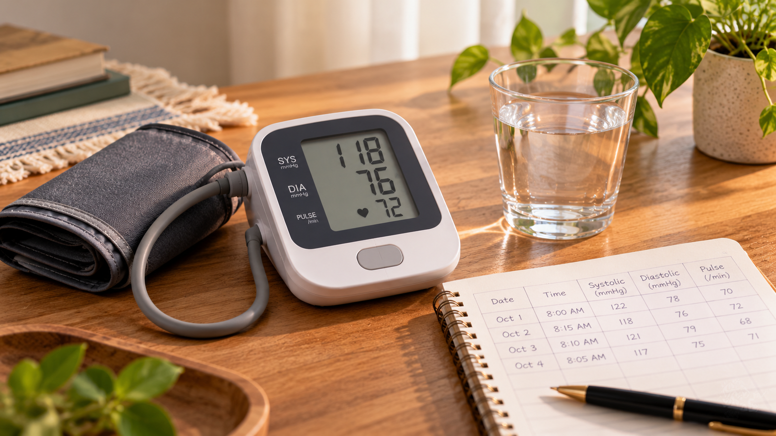 Digital home blood pressure monitor beside a glass of water and a notebook for recording readings